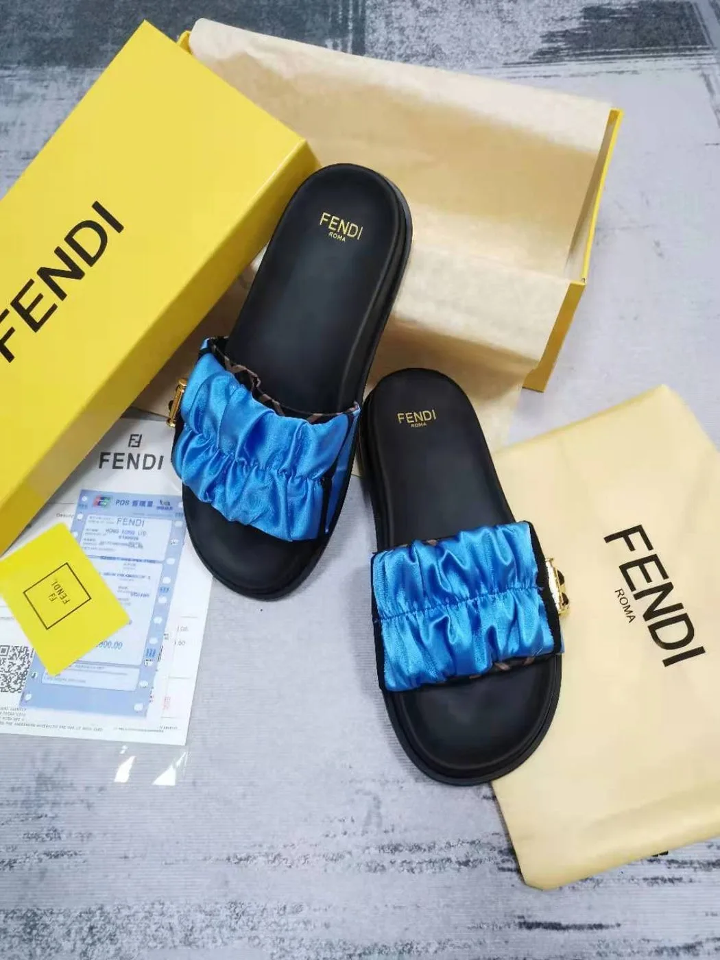 Fendi Feel Blue Satin Slides - Image 4