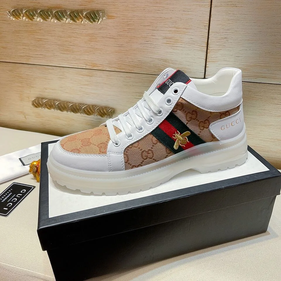 Gucci Men’s GG With Web And Bee High Top Sneaker White - Image 3