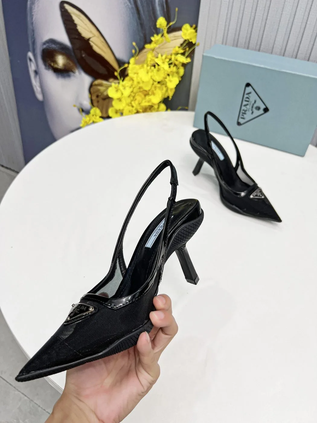 Prada Mesh Fabric Slingback Pumps Black - Image 4