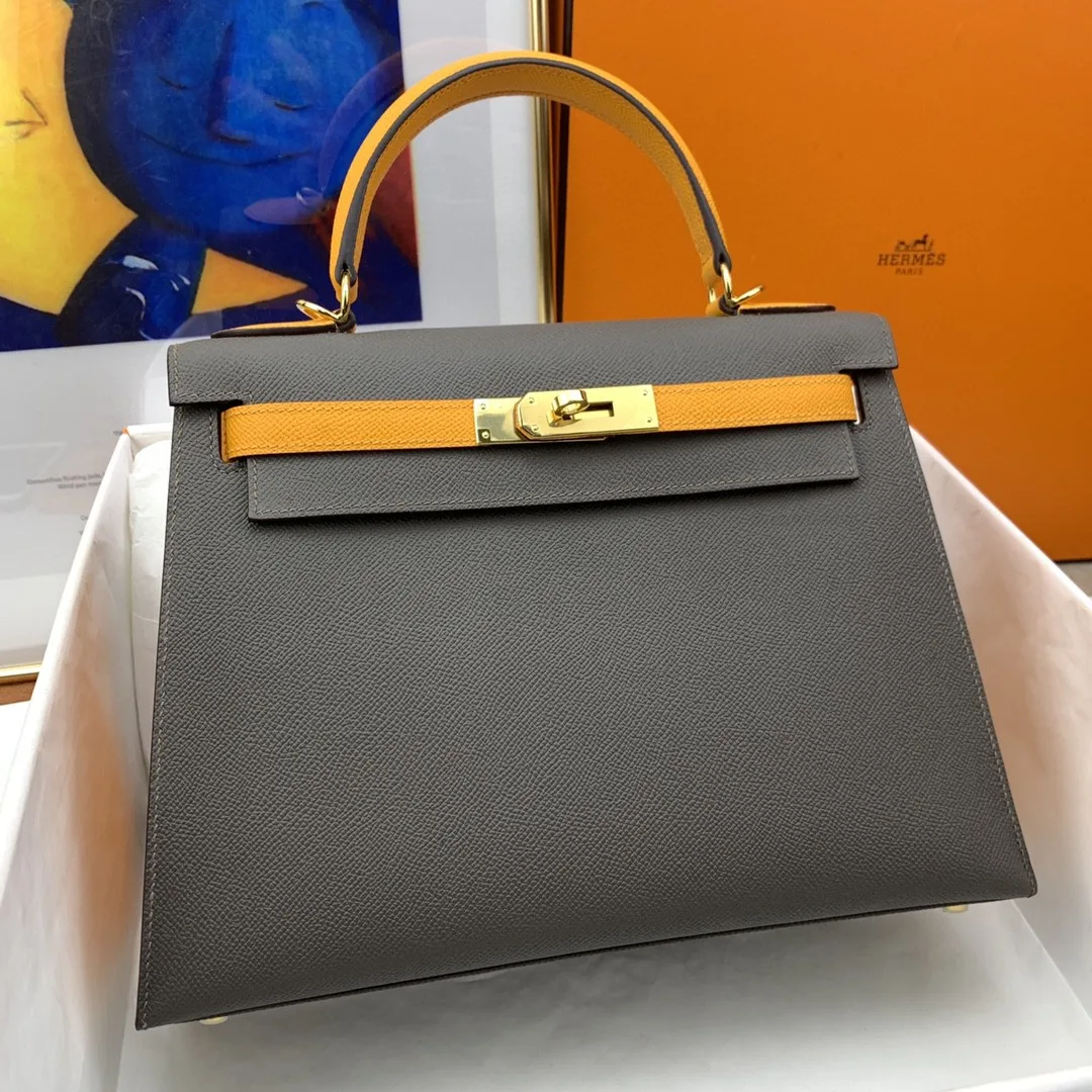 Hermes Kelly 28 Sellier Epsom Dark Grey/Yellow Bag