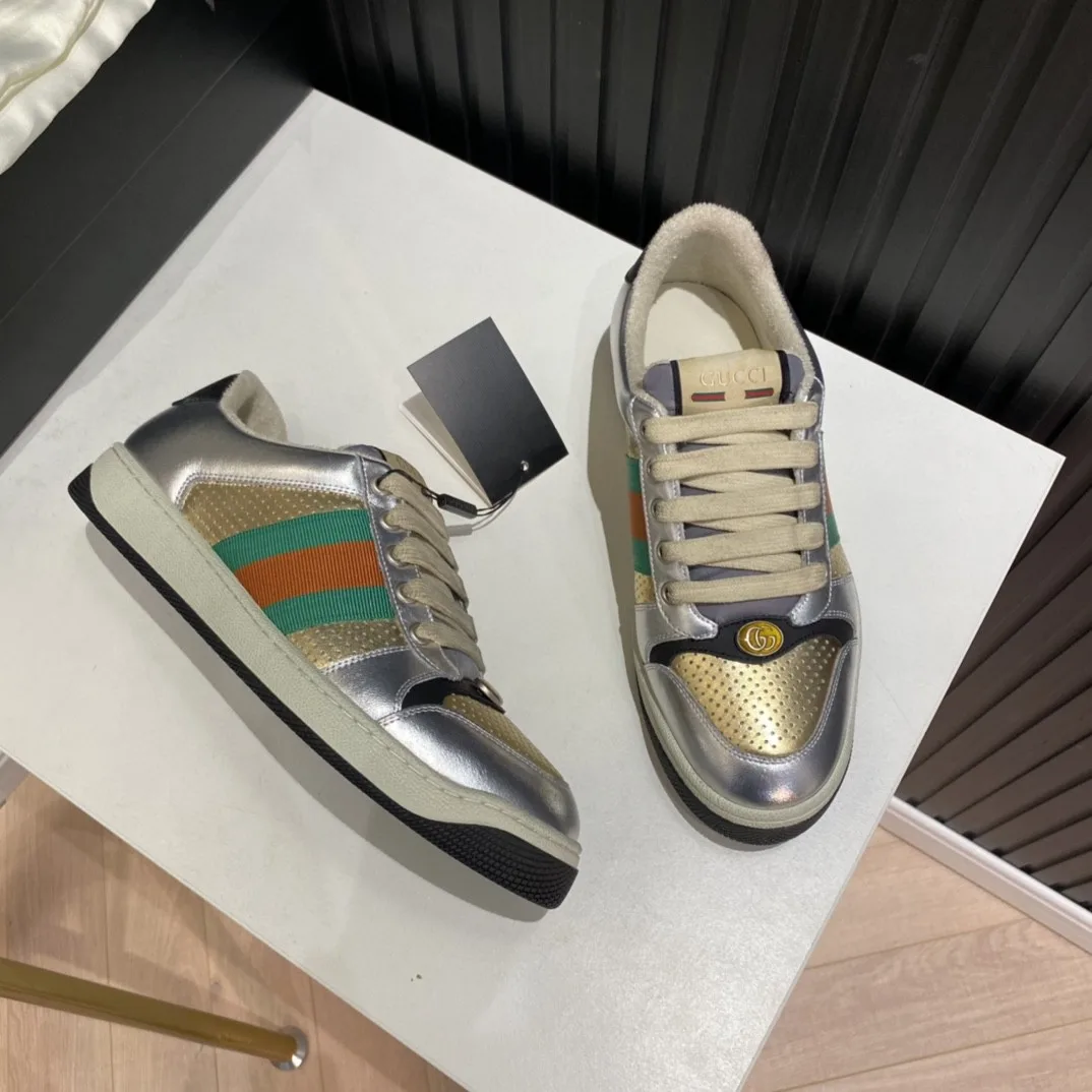 Gucci Men’s Screener Low Top Sneakers Silver Gold - Image 5