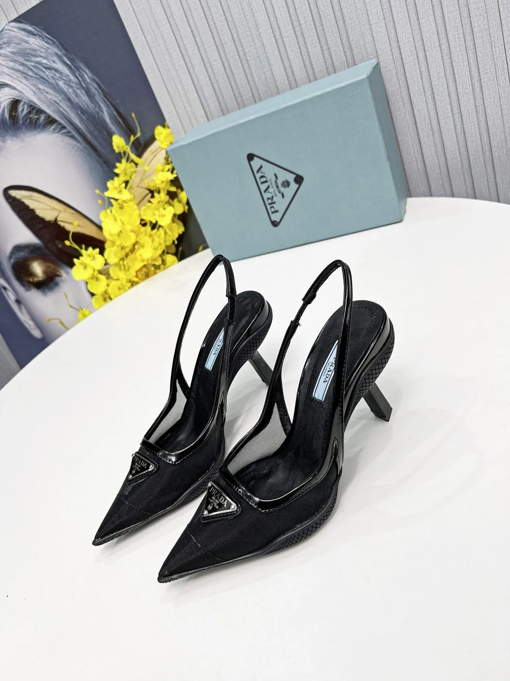 Prada Mesh Fabric Slingback Pumps Black - Image 5