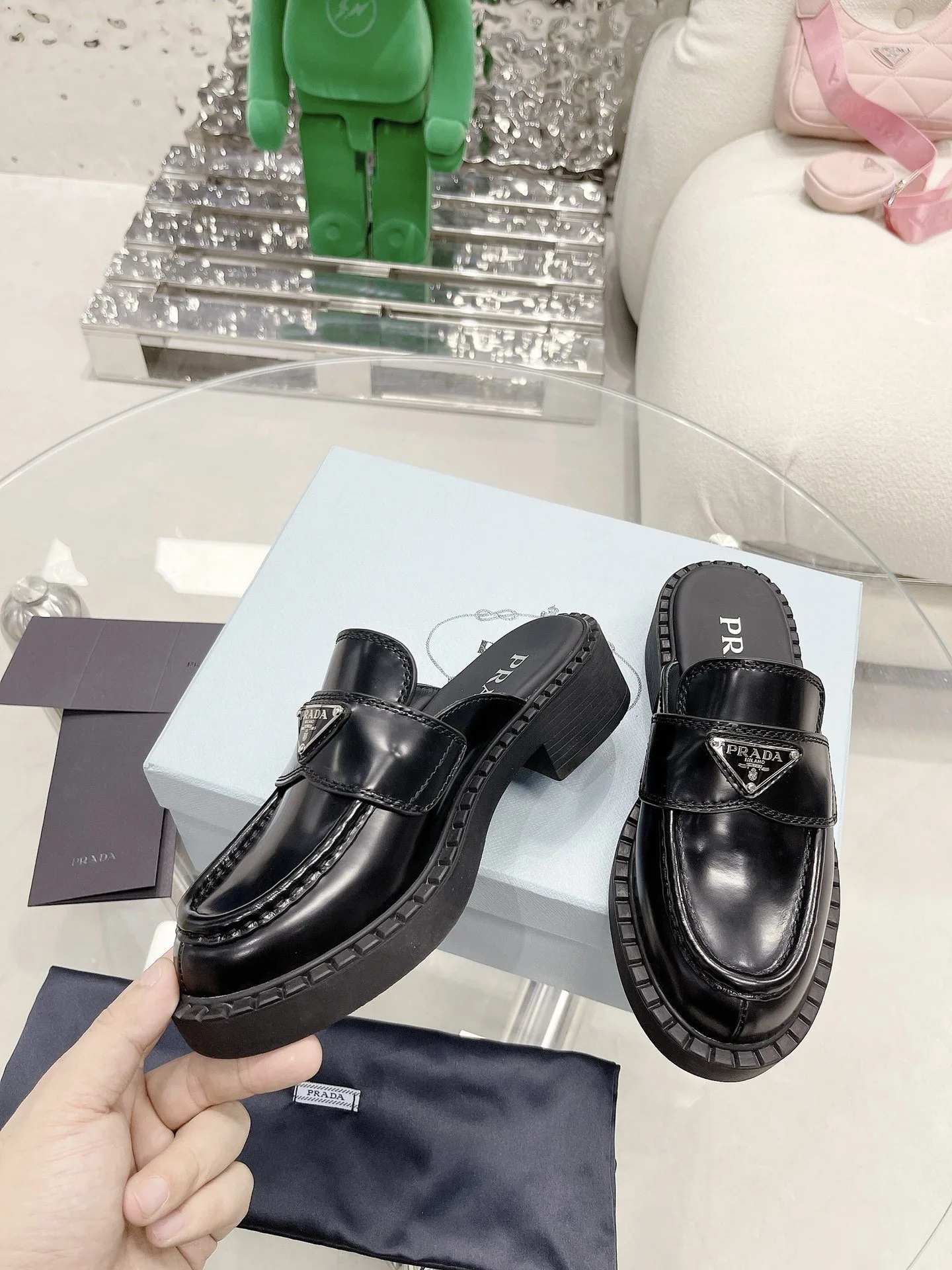 Prada Chocolate Brushed Mules Black / PRD - Image 8