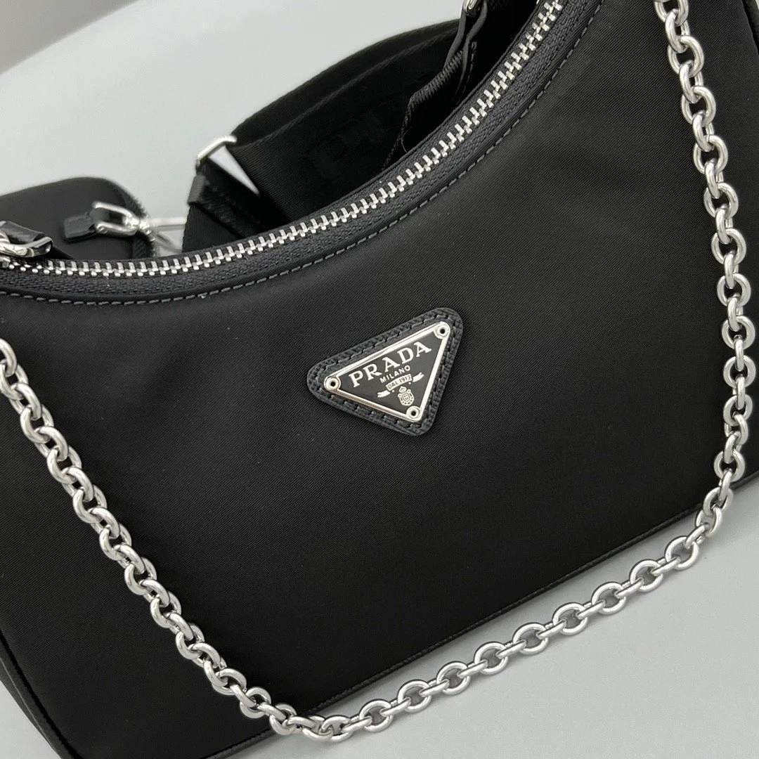 Prada Re- 2005 Saffiano Shoulder Bag Black Silver Hardware - Image 4
