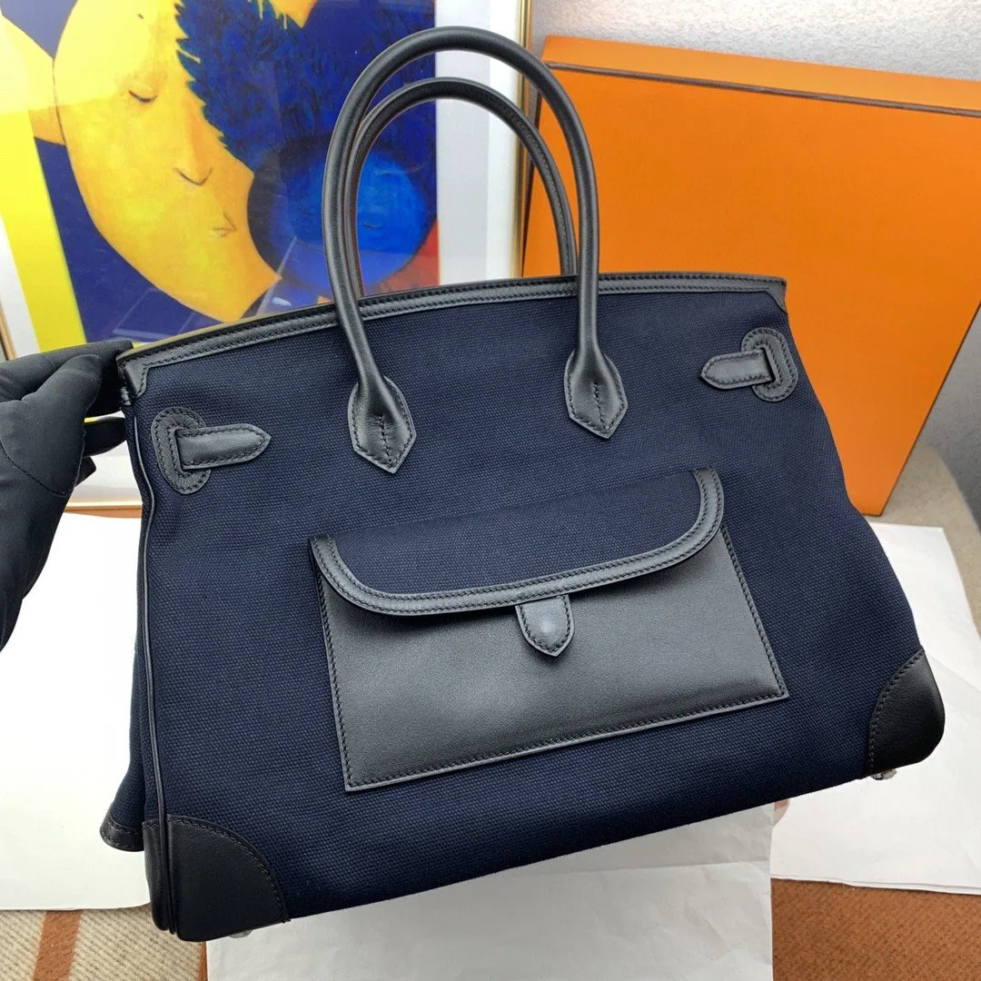 Hermes Birkin Cargo 35 Top Handle Bag / Navy Blue Silver Hardware - Image 2