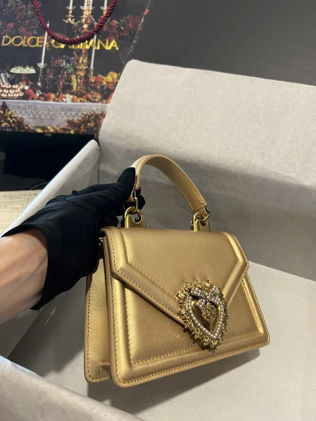 Dolce & Gabbana Small Devotion Bag In Plain Gold / DG - Image 3