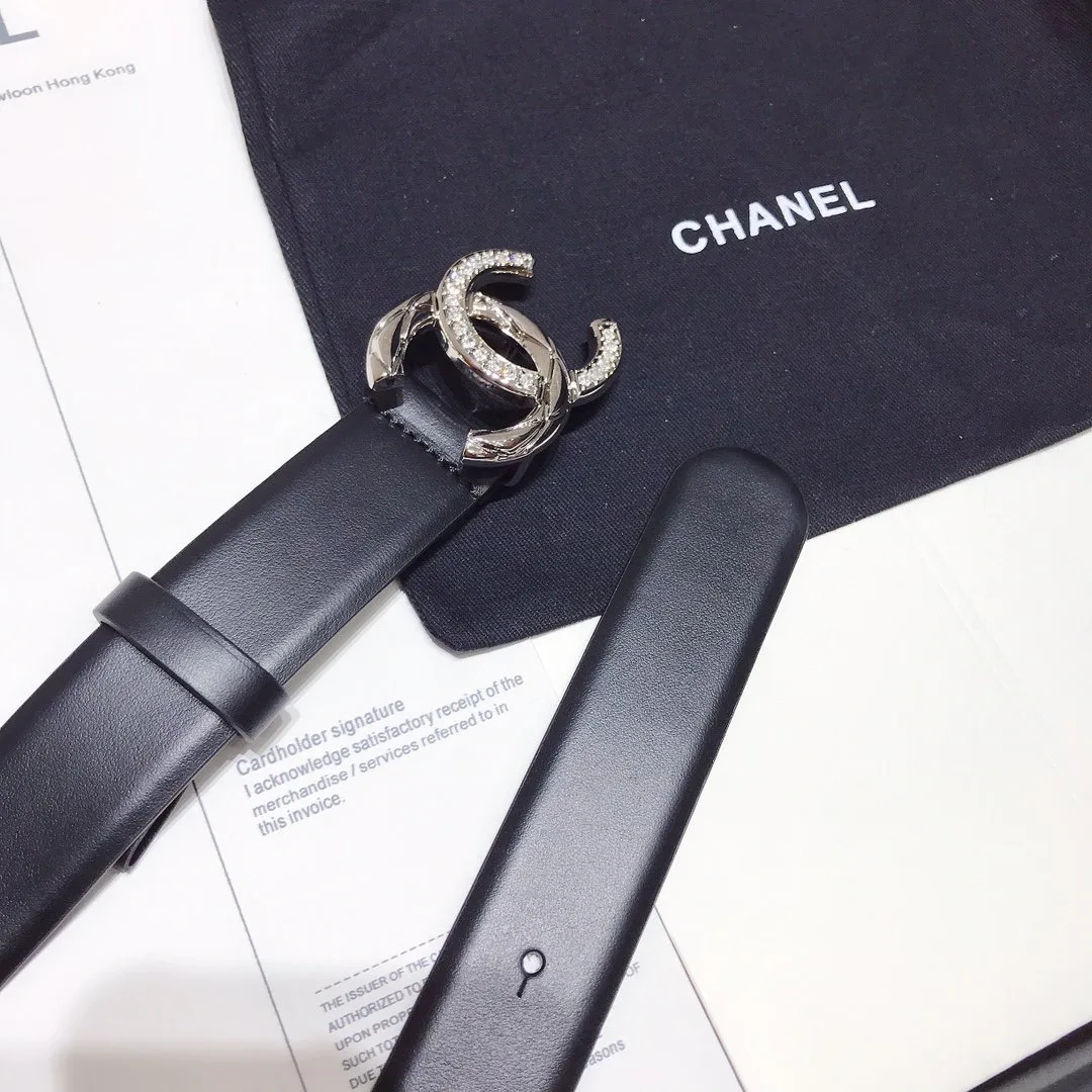 Chanel Black Belt With Double C Buckle Silver-Toned Metal Women