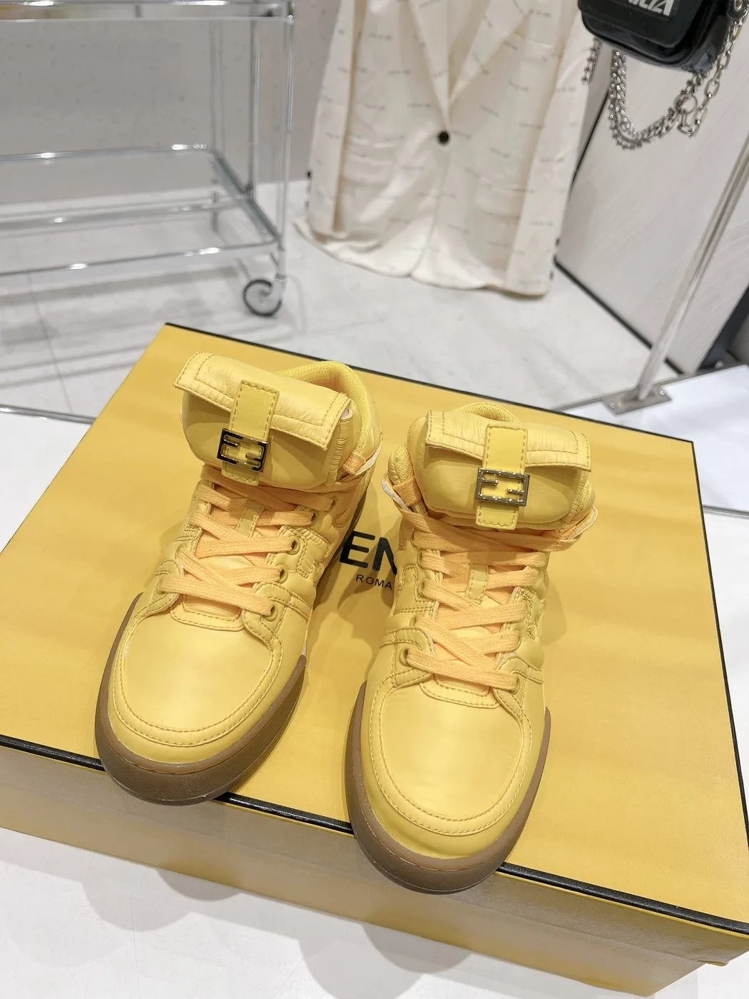 FD Fendi Match Lace-Up High-Top Sneakers Yellow - Image 5