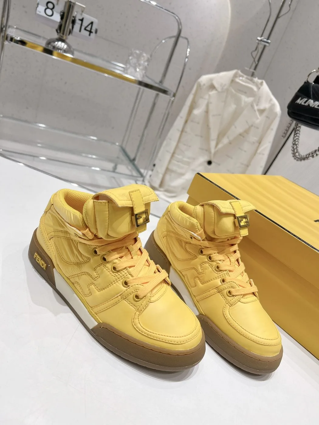 FD Fendi Match Lace-Up High-Top Sneakers Yellow - Image 4