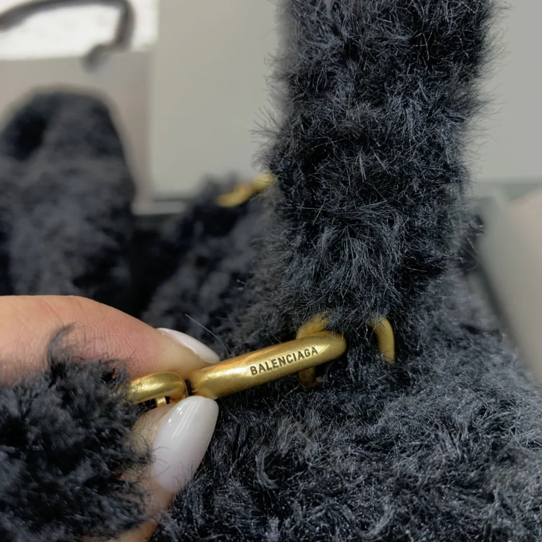Balenciaga Furry Hourglass Small Handbag With Strap In Black / - Image 3