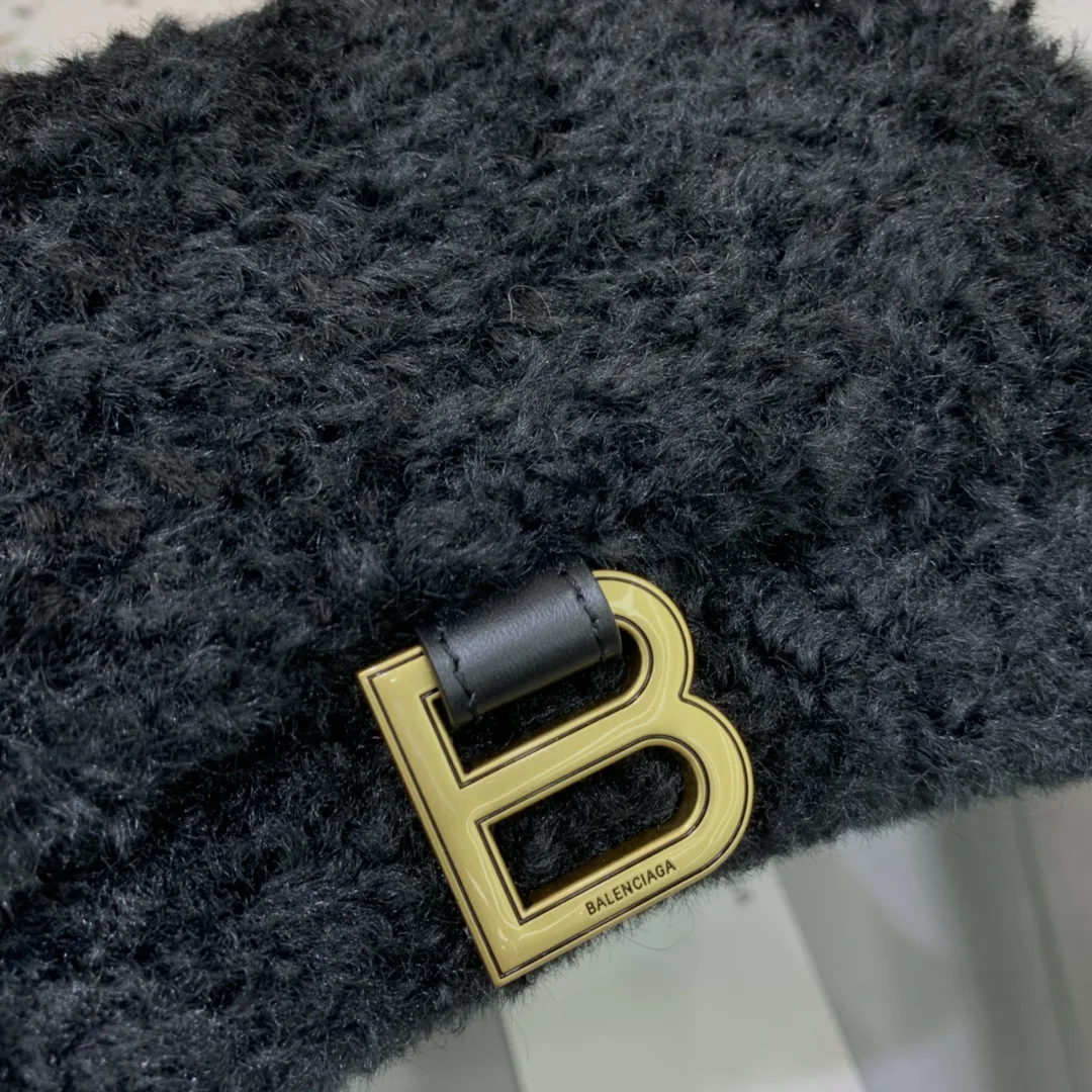 Balenciaga Furry Hourglass Small Handbag With Strap In Black / - Image 4