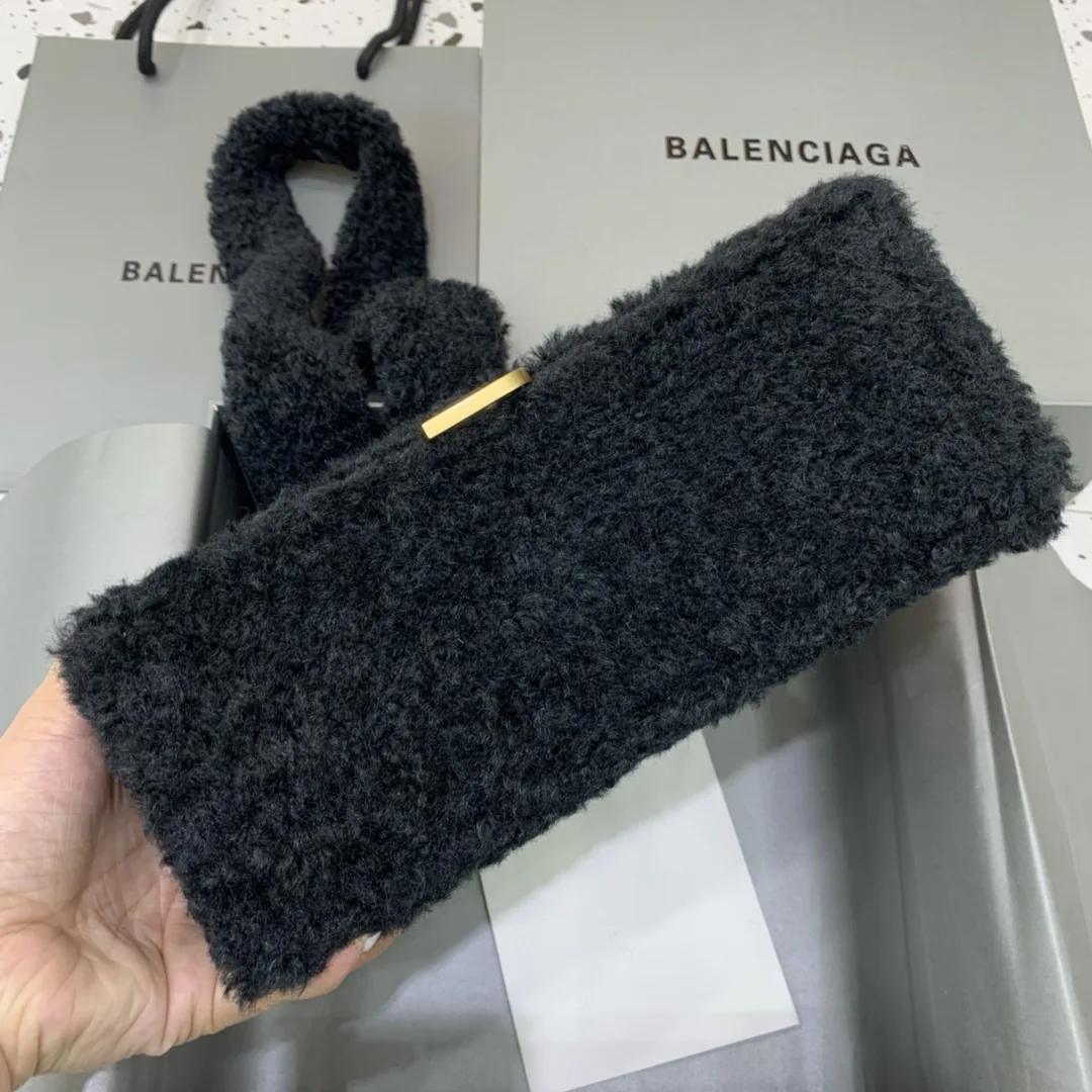 Balenciaga Furry Hourglass Small Handbag With Strap In Black / - Image 5