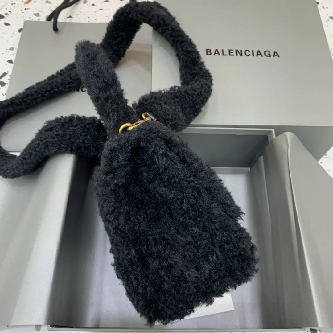 Balenciaga Furry Hourglass Small Handbag With Strap In Black / - Image 6