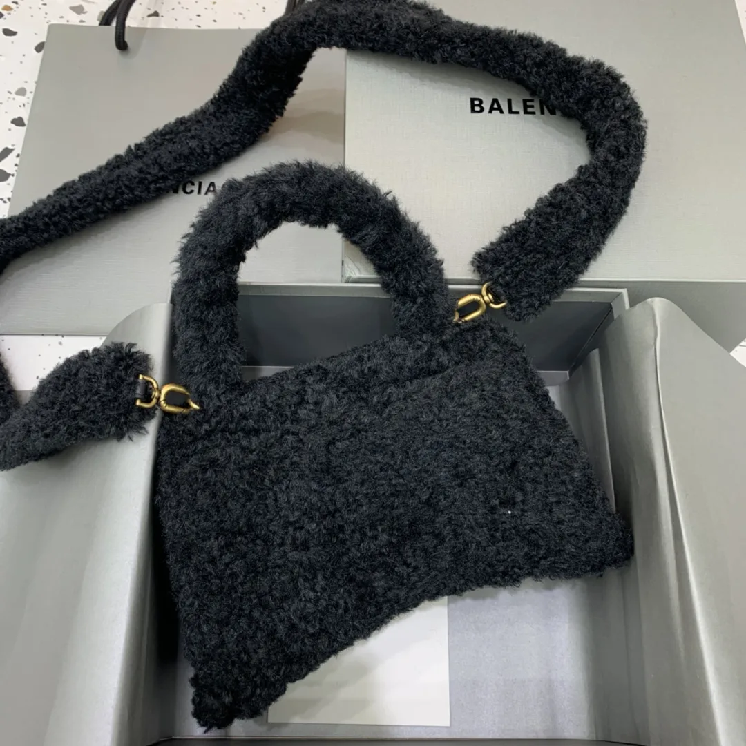 Balenciaga Furry Hourglass Small Handbag With Strap In Black / - Image 7