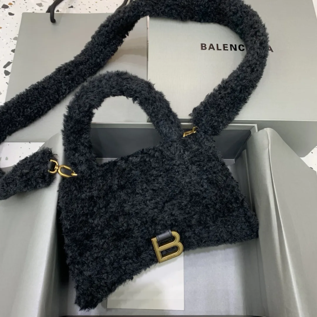 Balenciaga Furry Hourglass Small Handbag With Strap In Black / - Image 8