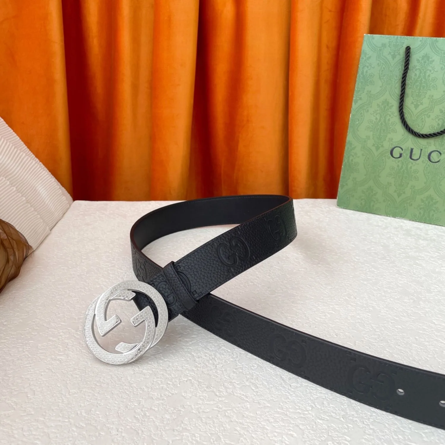 Gucci GG Pebbled Monogram Belt Black With Silver Crystal Buckle - Image 6
