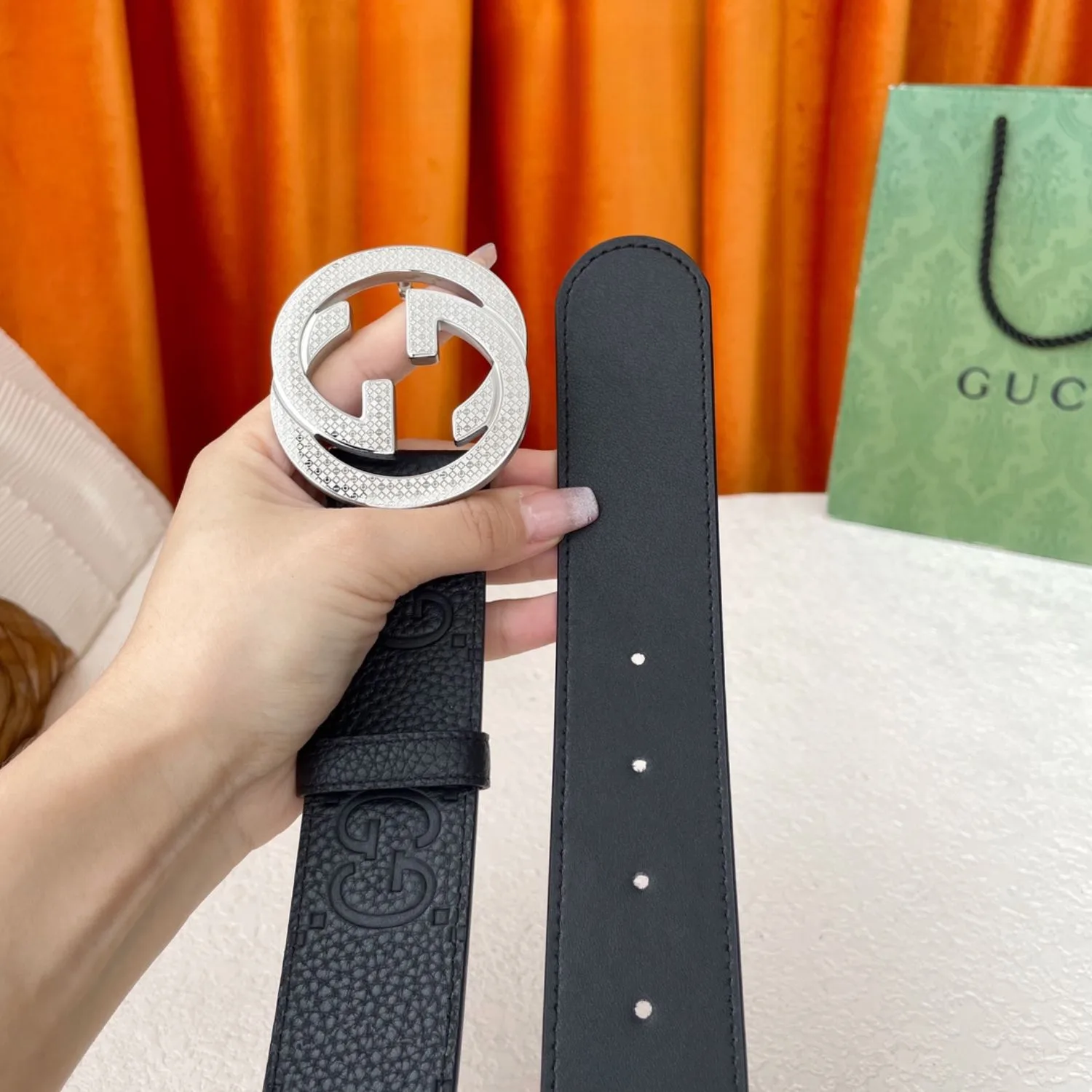 Gucci GG Pebbled Monogram Belt Black With Silver Crystal Buckle - Image 5