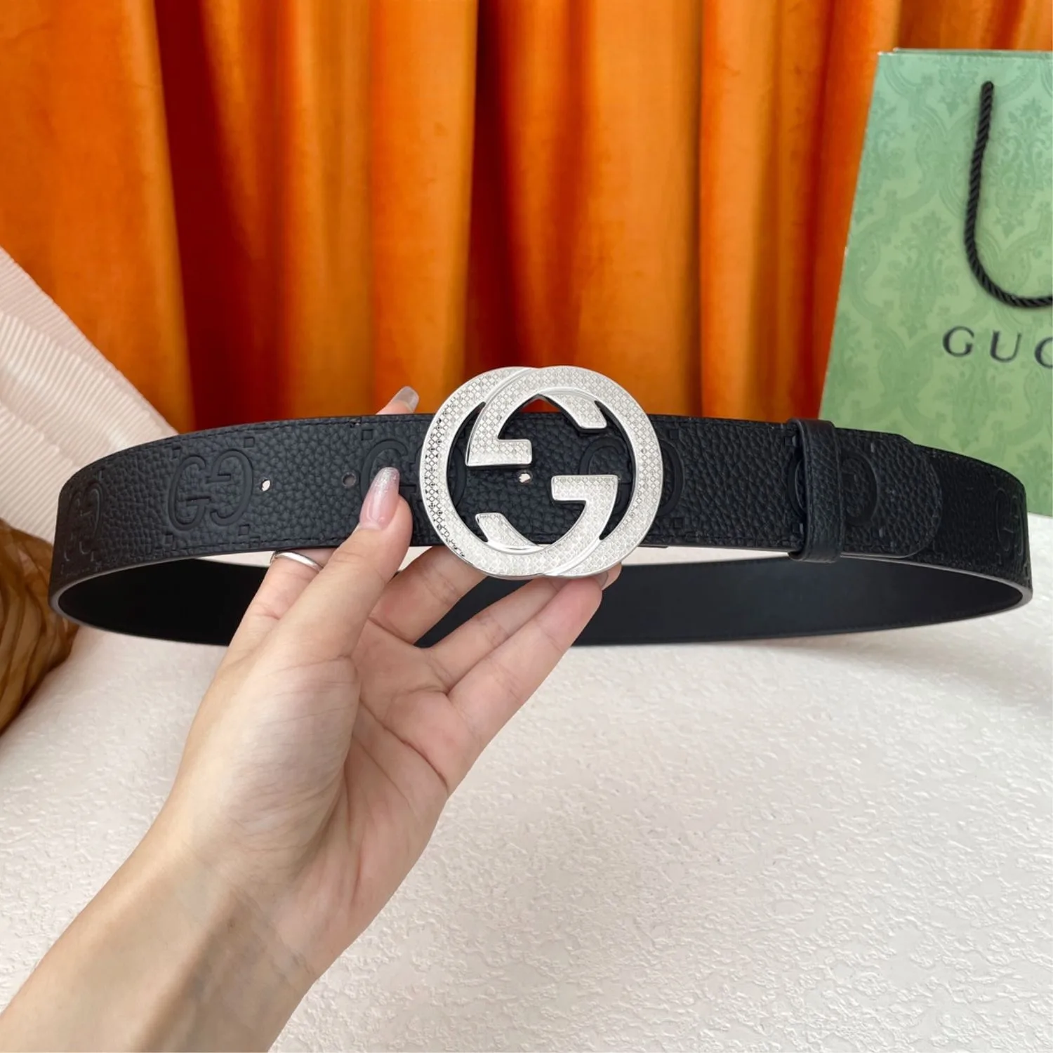 Gucci GG Pebbled Monogram Belt Black With Silver Crystal Buckle - Image 4