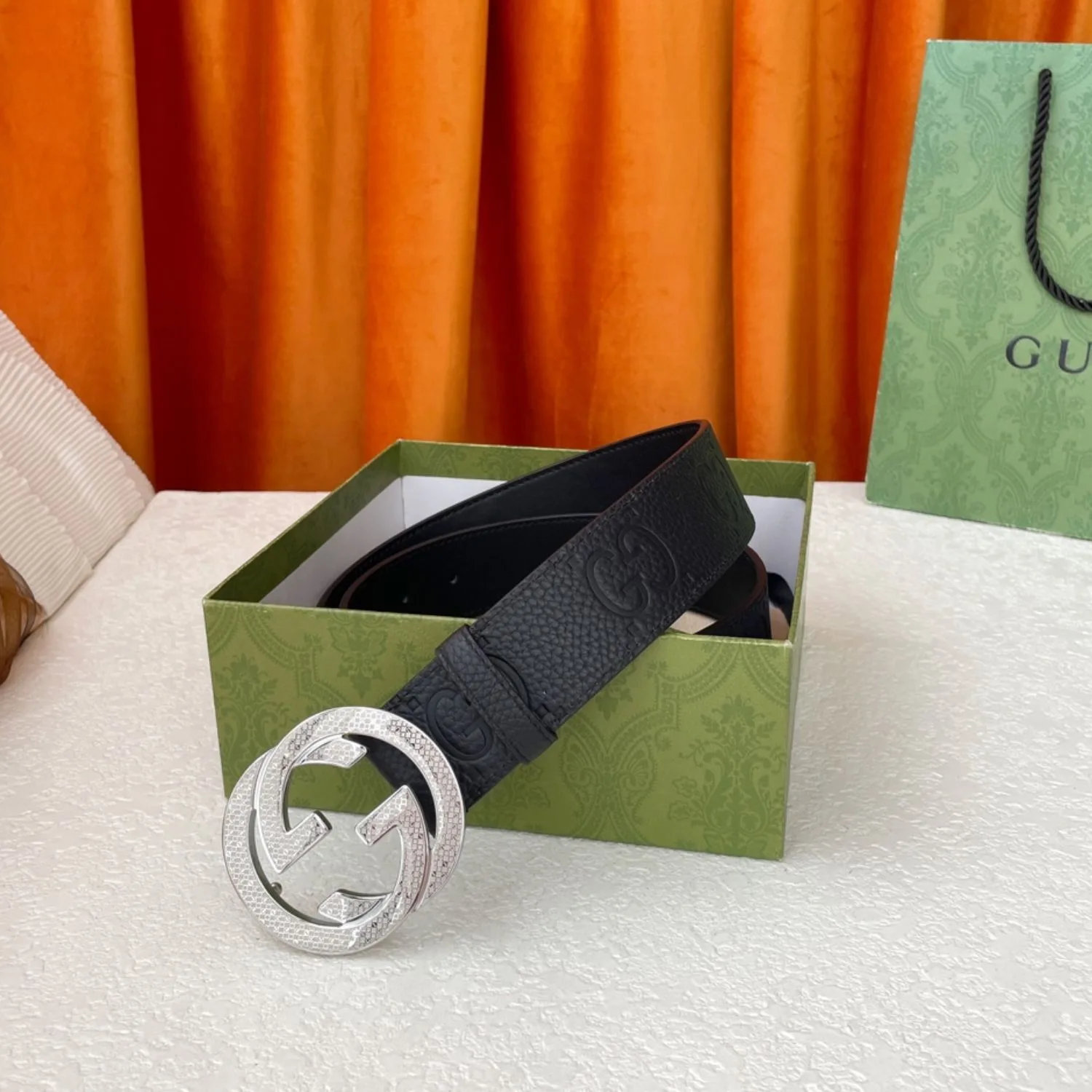 Alternative view of Gucci GG Pebbled Monogram Belt Black With Silver Crystal Buckle