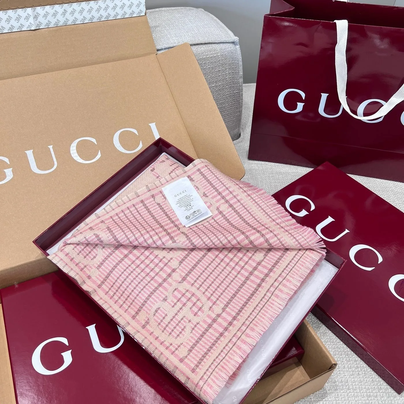 Alternative view of Gucci Check GG Scarf Ivory And Pink /