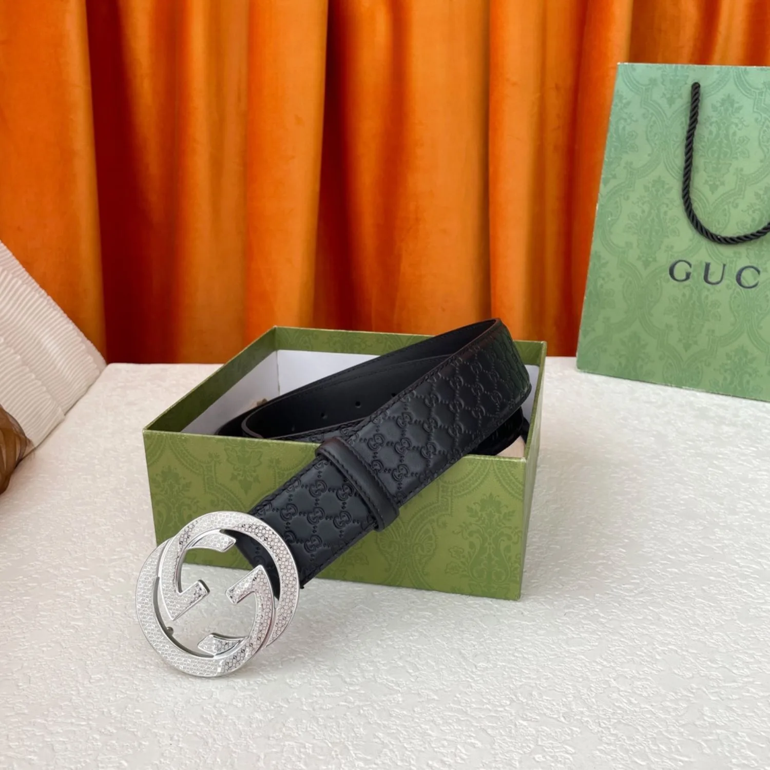 Alternative view of Gucci Monogram Belt Black With Silver Crystal Buckle