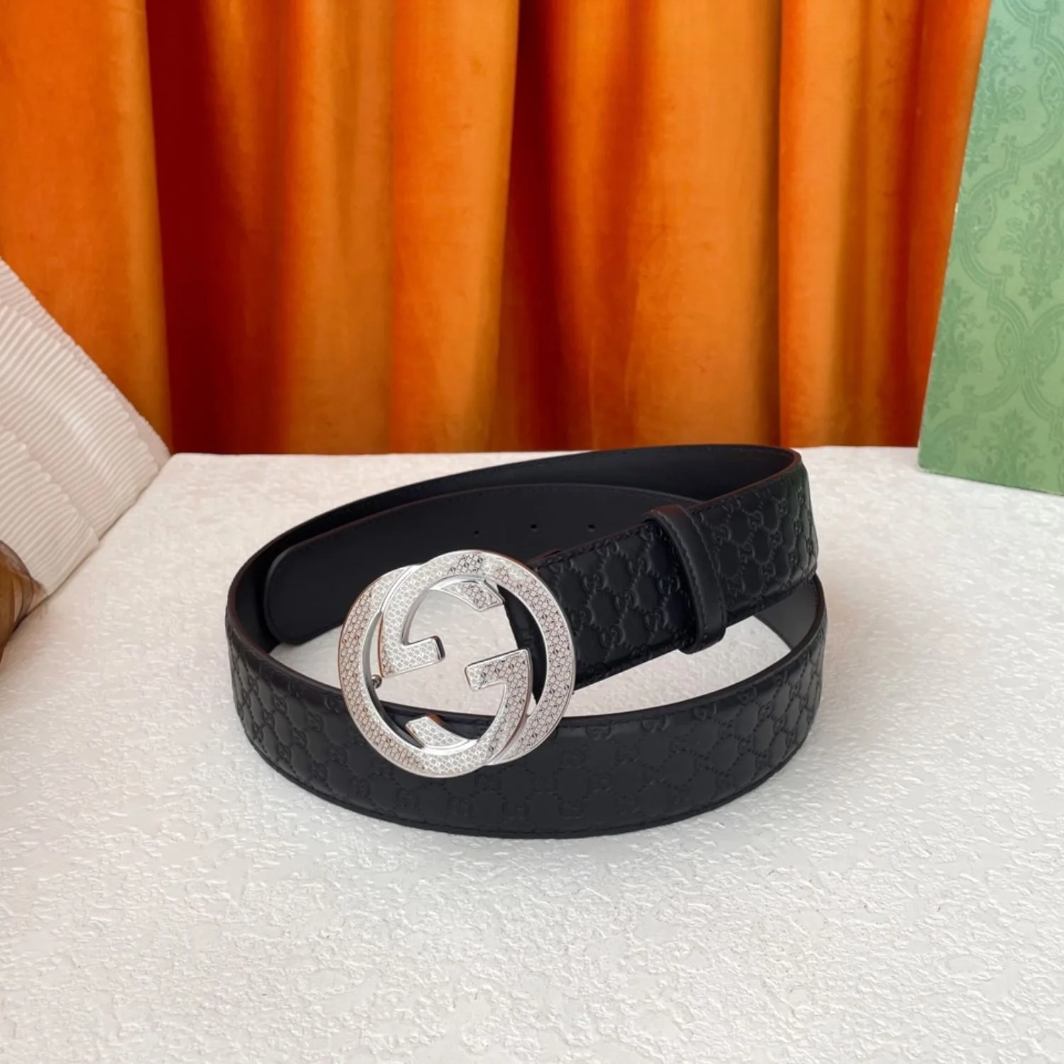 Gucci Monogram Belt Black With Silver Crystal Buckle - Image 3
