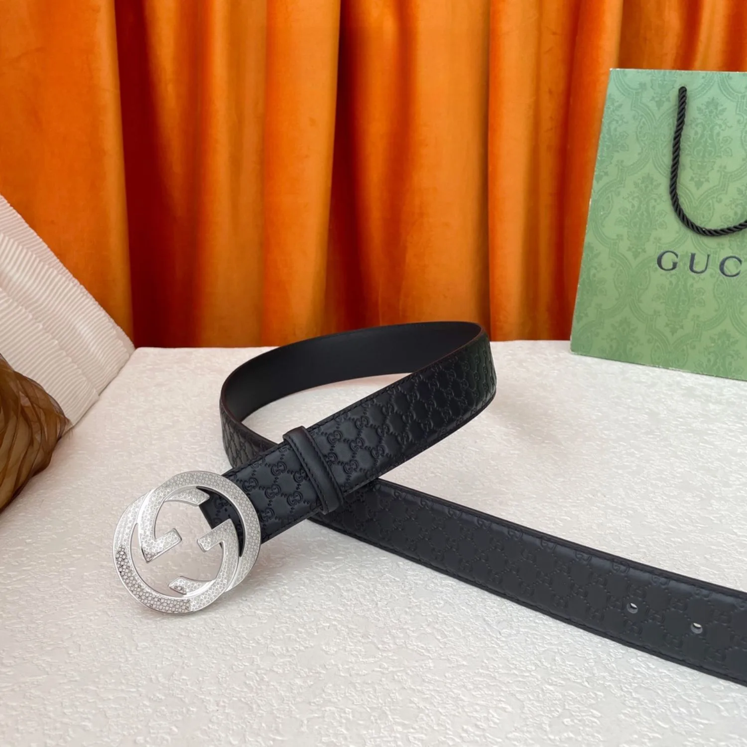 Gucci Monogram Belt Black With Silver Crystal Buckle - Image 4