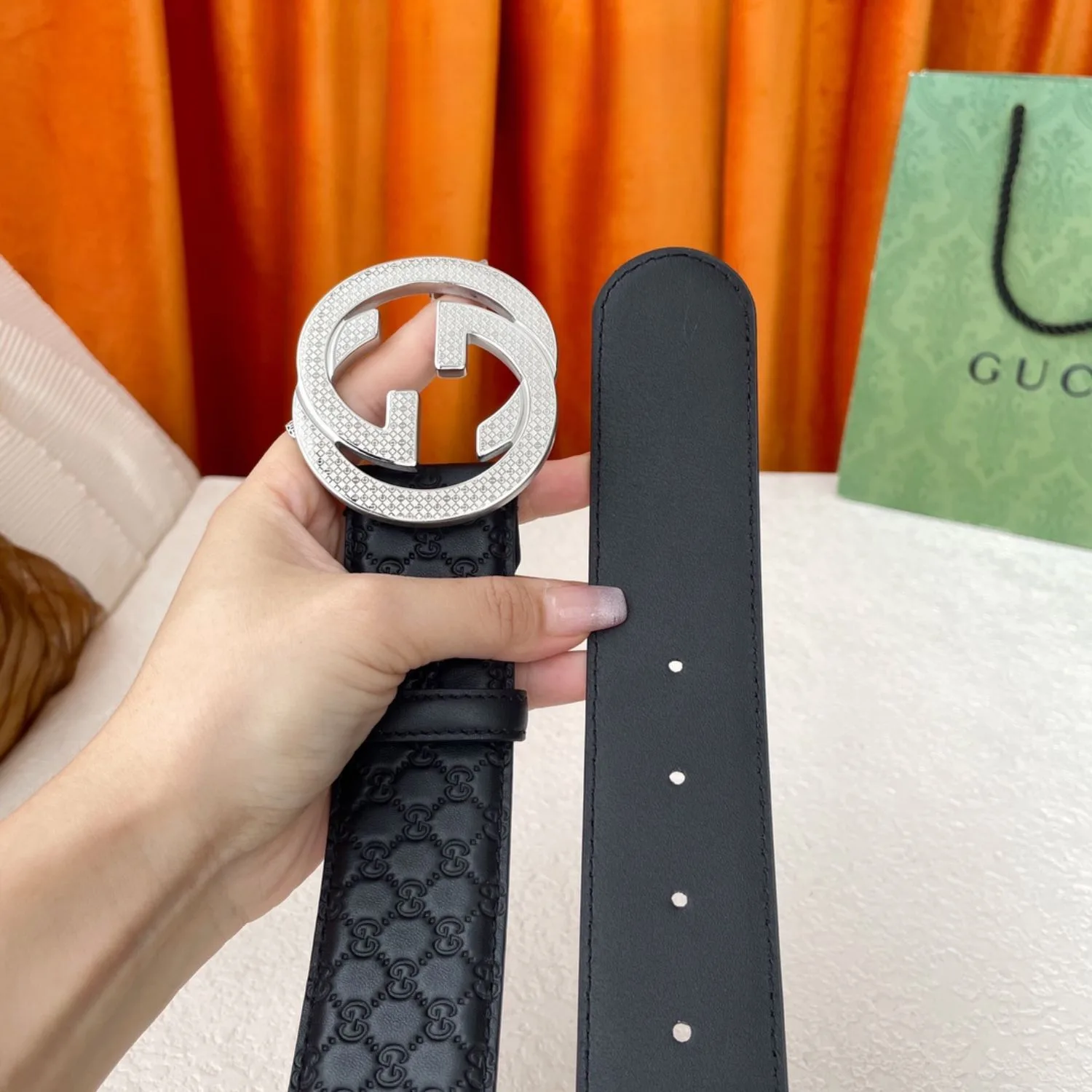 Gucci Monogram Belt Black With Silver Crystal Buckle - Image 5