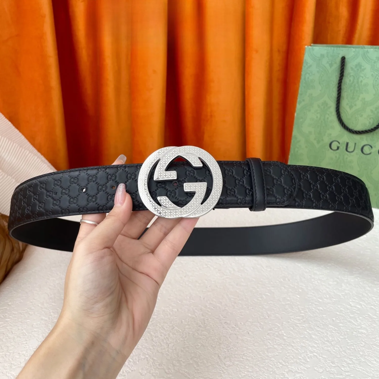Gucci Monogram Belt Black With Silver Crystal Buckle - Image 6