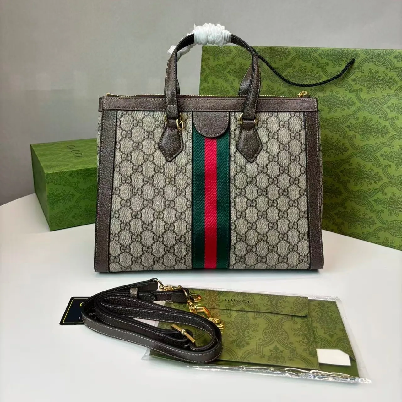 Gucci Ophidia Medium Top Handle Bag / Beige/Ebony Supreme Canvas Gold Hardware - Image 3