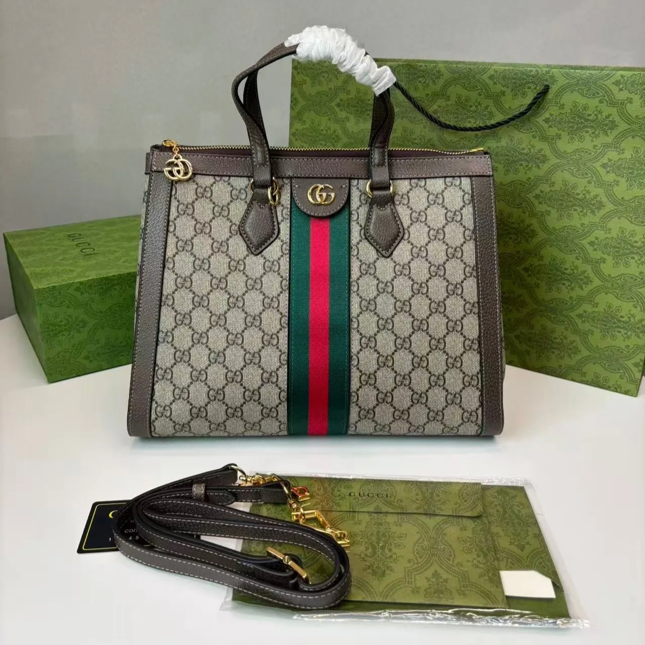 Gucci Ophidia Medium Top Handle Bag / Beige/Ebony Supreme Canvas Gold Hardware - Image 5
