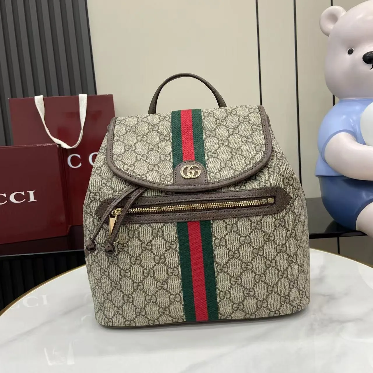 Gucci Ophidia Medium Backpack / Beige/ Dark Brown Monogram Gold Hardware - Image 3