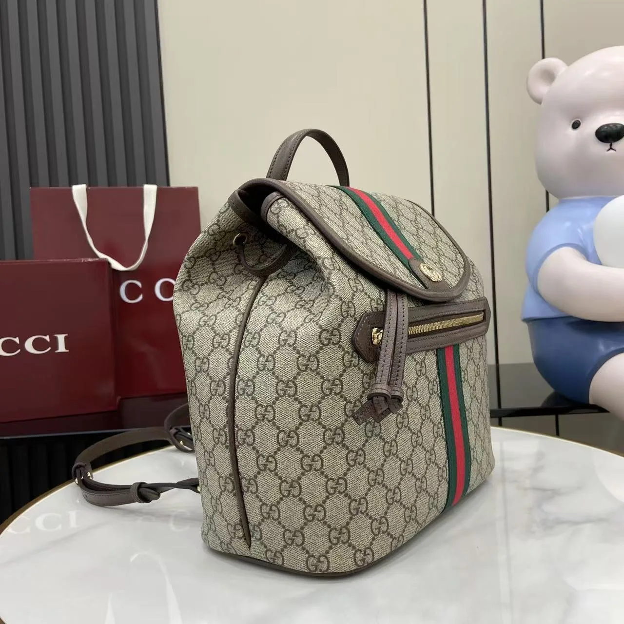 Gucci Ophidia Medium Backpack / Beige/ Dark Brown Monogram Gold Hardware - Image 4