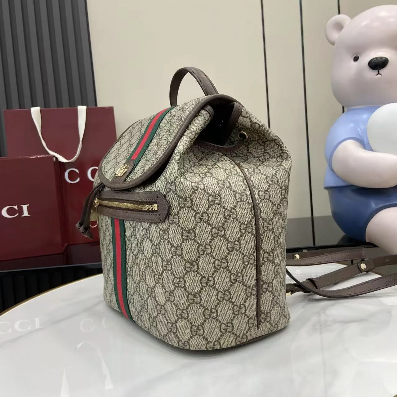 Gucci Ophidia Medium Backpack / Beige/ Dark Brown Monogram Gold Hardware - Image 8