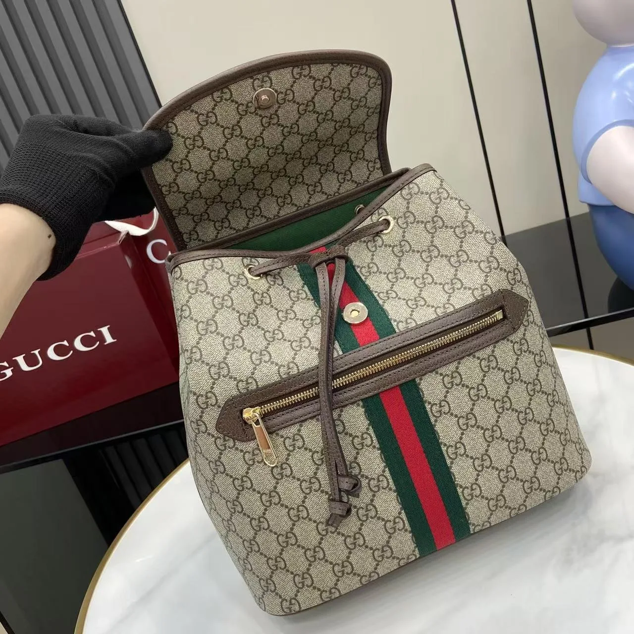 Gucci Ophidia Medium Backpack / Beige/ Dark Brown Monogram Gold Hardware - Image 9