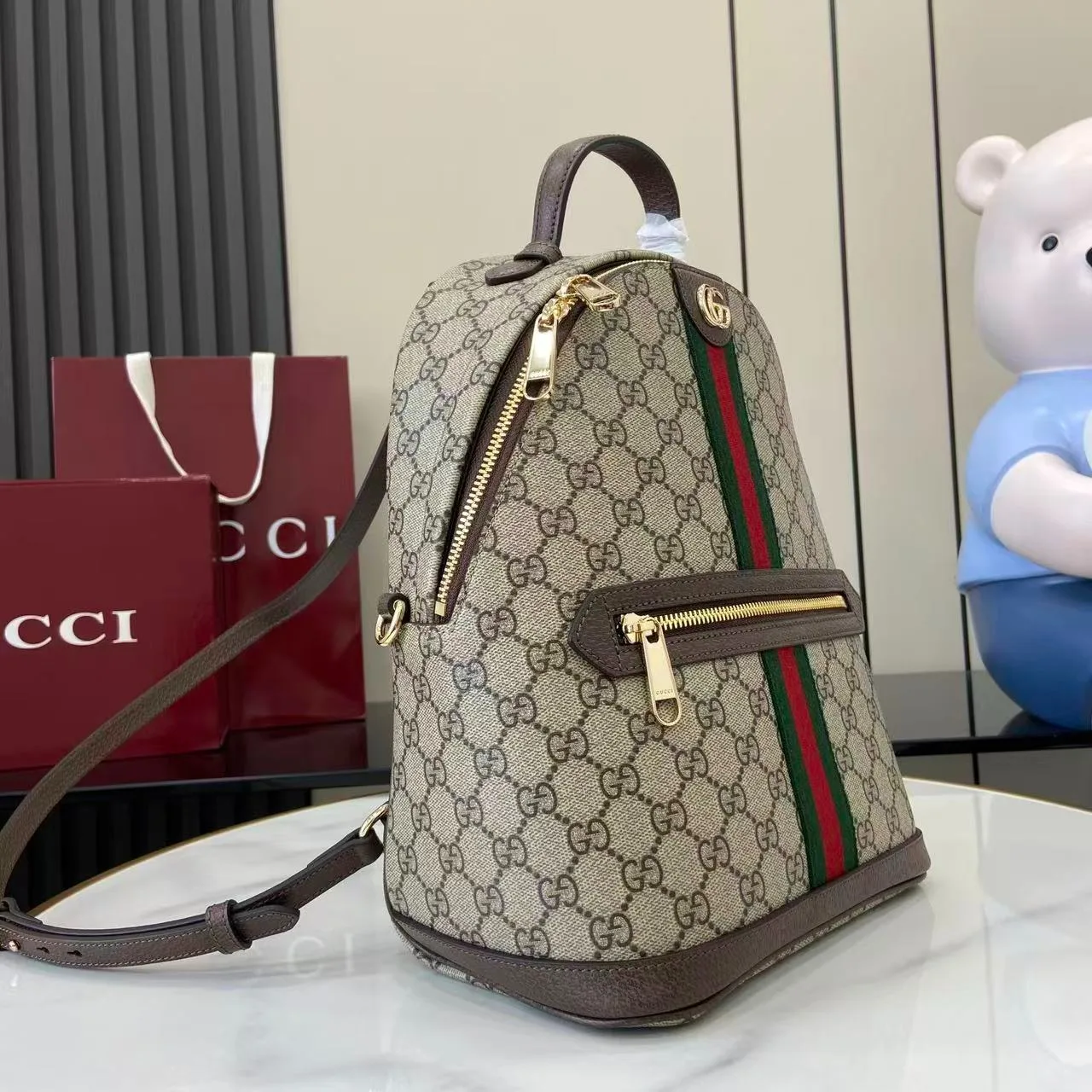 Gucci Ophidia Small Backpack / Beige/ Dark Brown Gold Hardware - Image 4