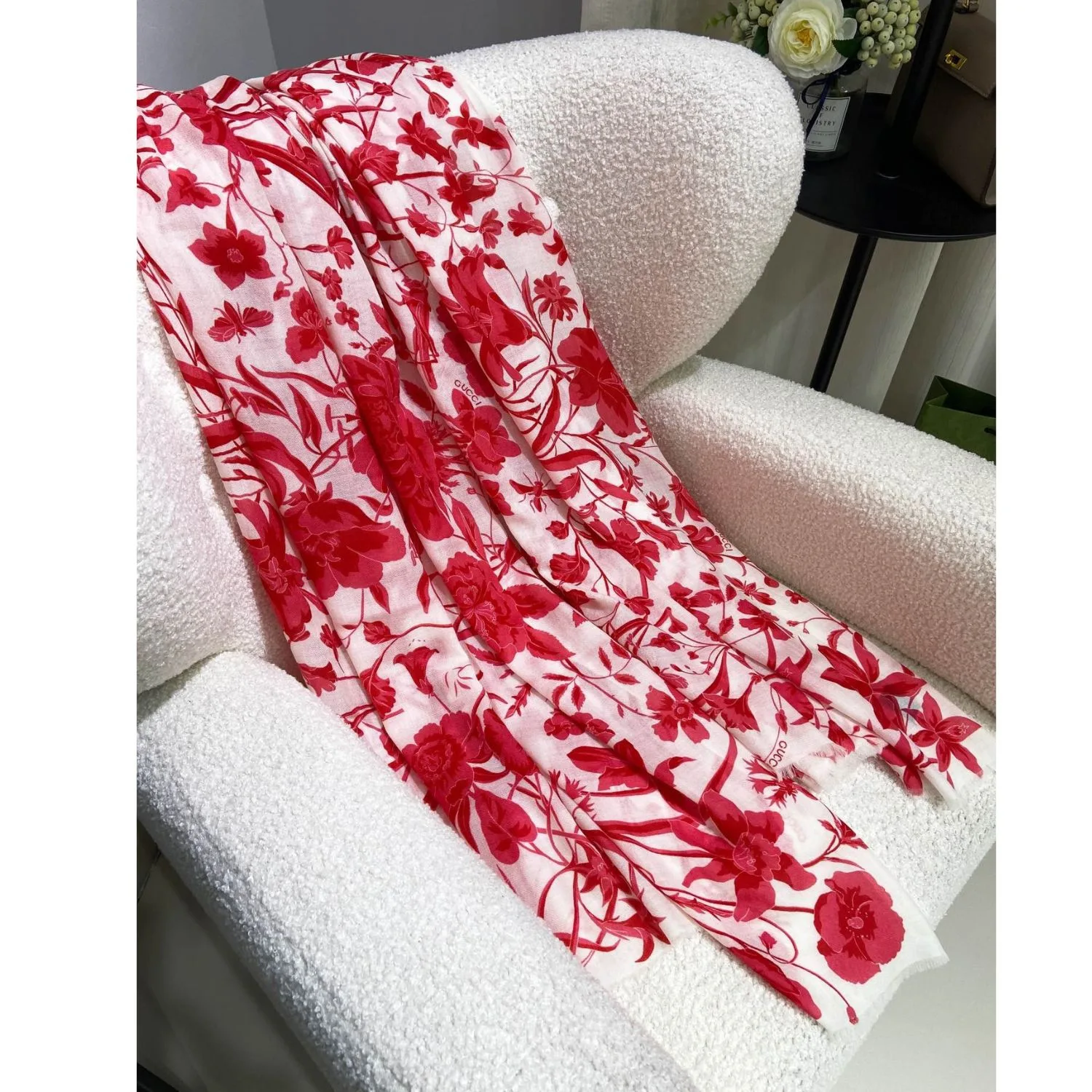 Gucci GG Garden Flower Long Scarf Red / - Image 3