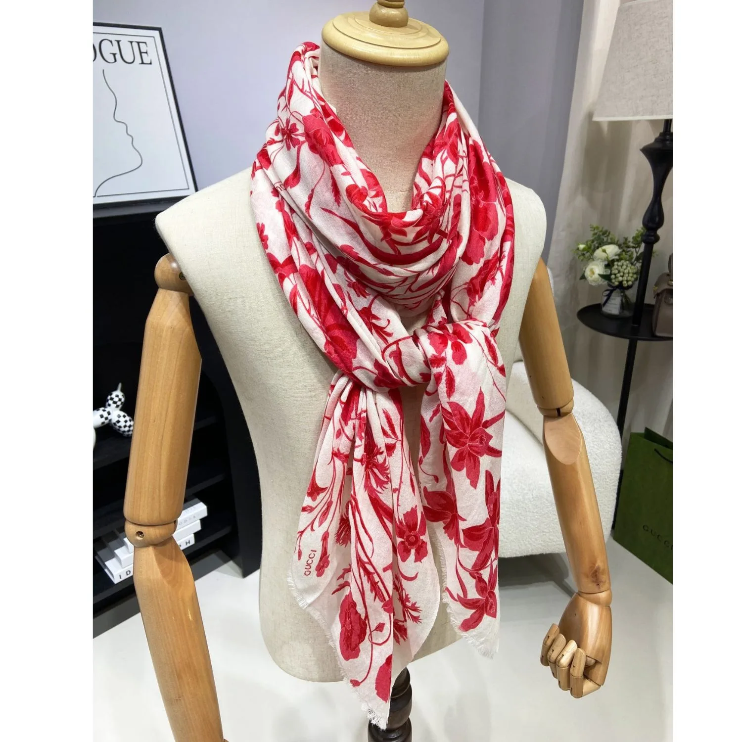 Gucci GG Garden Flower Long Scarf Red / - Image 7