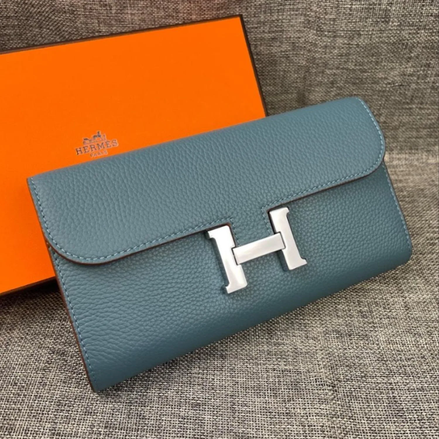 Hermes Constance Togo Long Wallet / Silver Toned Hardware Blue - Image 9