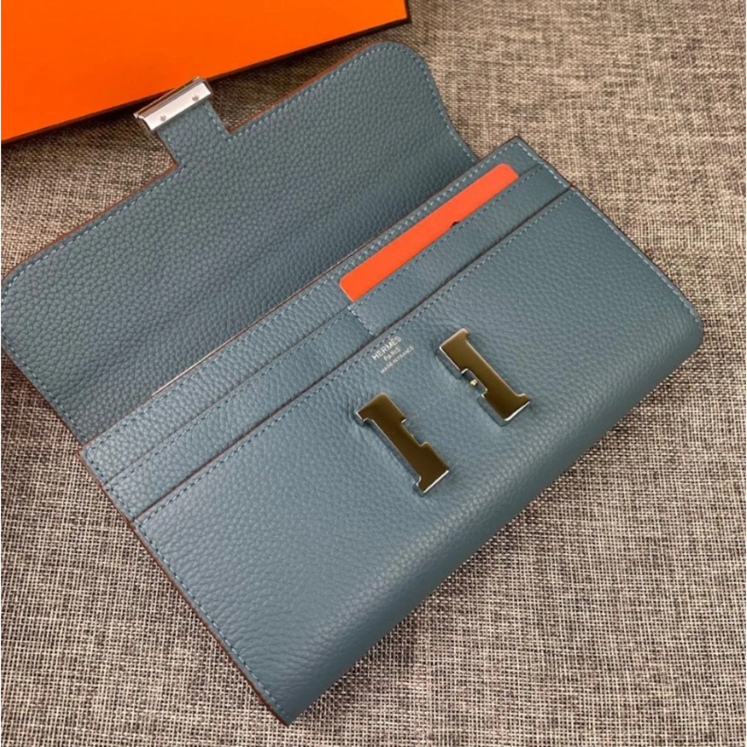 Hermes Constance Togo Long Wallet / Silver Toned Hardware Blue - Image 4