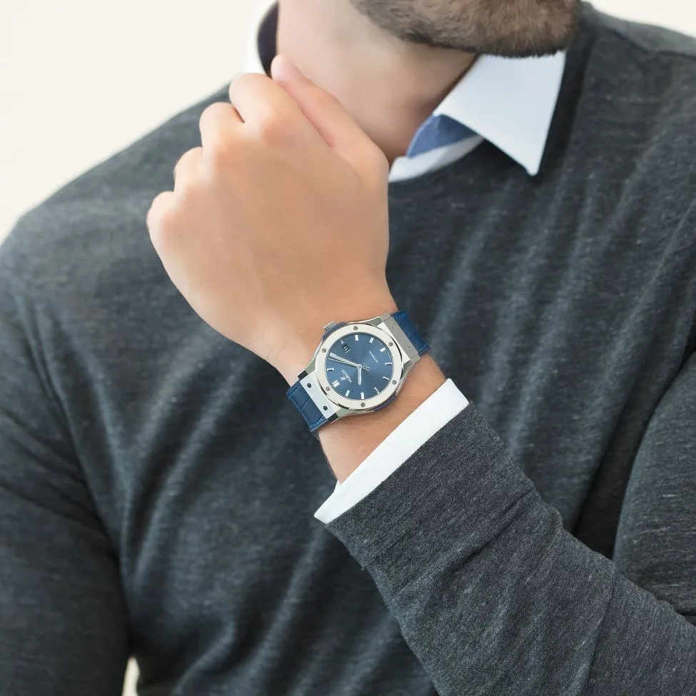 Alternative view of Hublot Classic Fusion Watch Automatic Silver Toned Blue Sunray Dial