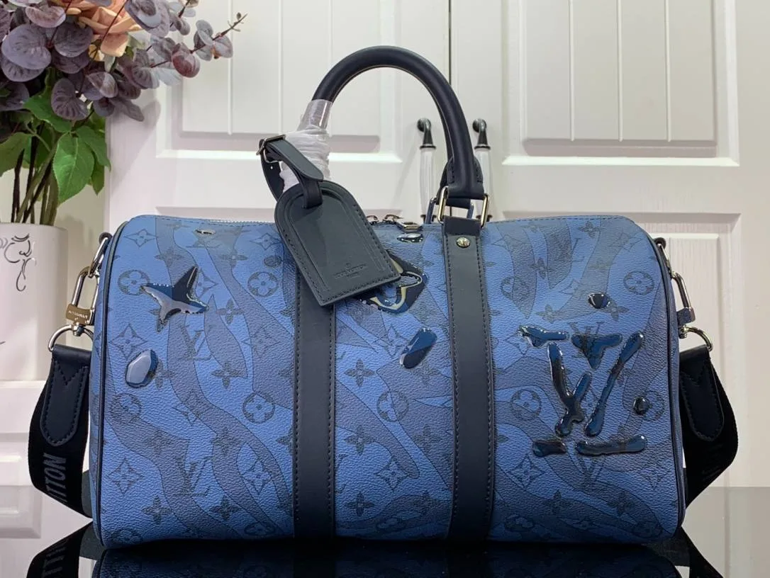 Louis Vuitton Keepall Bandouliere 35 Travel Bag / Blue Silver Hardware - Image 3