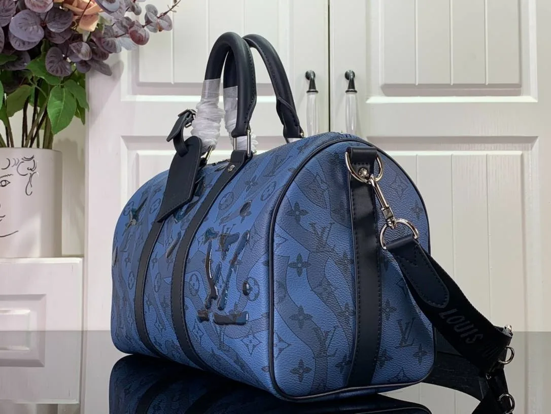 Louis Vuitton Keepall Bandouliere 35 Travel Bag / Blue Silver Hardware - Image 4