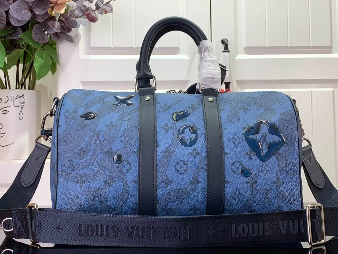 Louis Vuitton Keepall Bandouliere 35 Travel Bag / Blue Silver Hardware - Image 5