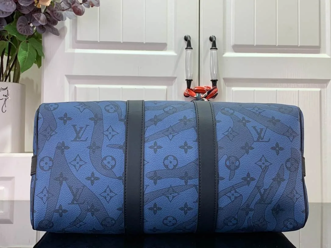 Louis Vuitton Keepall Bandouliere 35 Travel Bag / Blue Silver Hardware - Image 6
