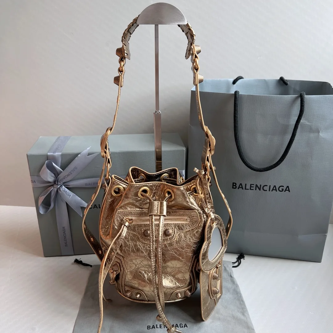 Balenciaga Le Cagole Xs Bucket Bag Metallized With Rhinestones In Gold Tone / - Image 4
