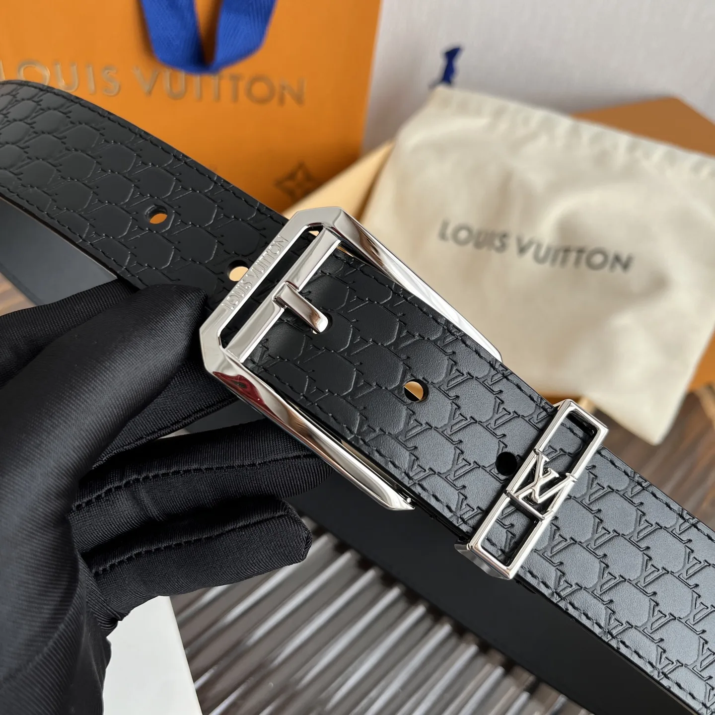 Louis Vuitton Blason Embossed Belt Black With Silver Buckle - Image 9