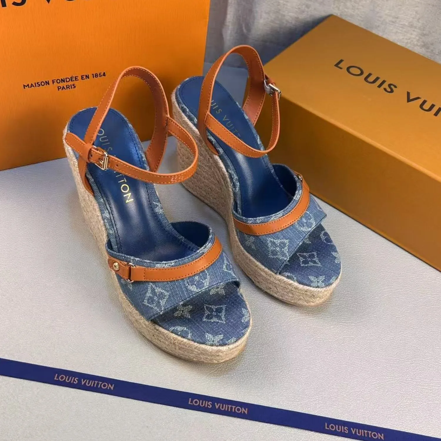 Louis Vuitton Helios Wedge Sandals Blue 1ACIZV - Image 3