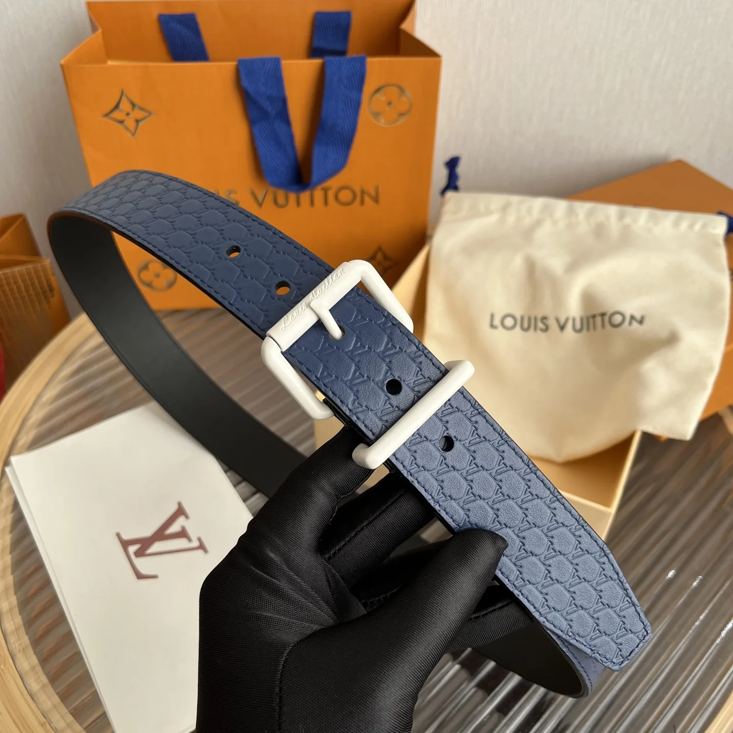 Alternative view of Louis Vuitton LV Initiales Embossed Belt Navy Blue With Matte White Buckle