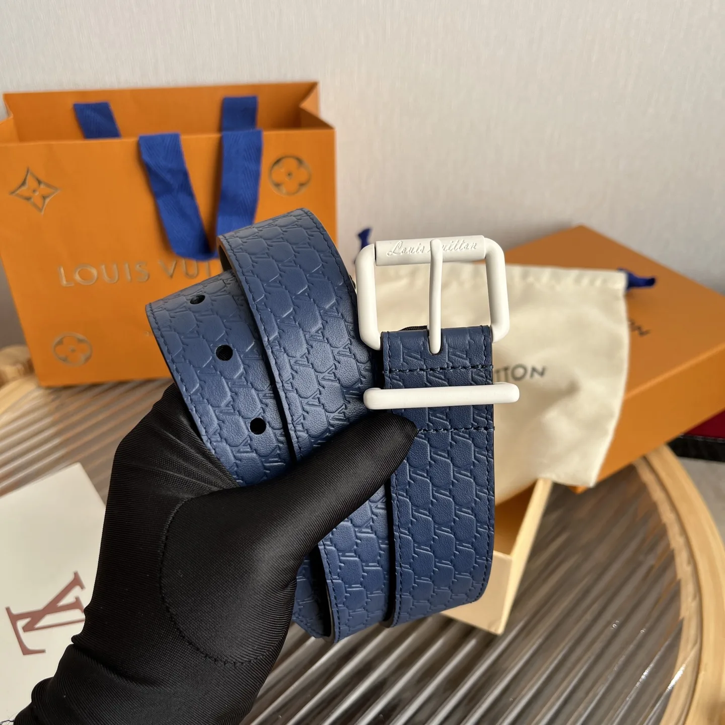 Louis Vuitton LV Initiales Embossed Belt Navy Blue With Matte White Buckle - Image 8